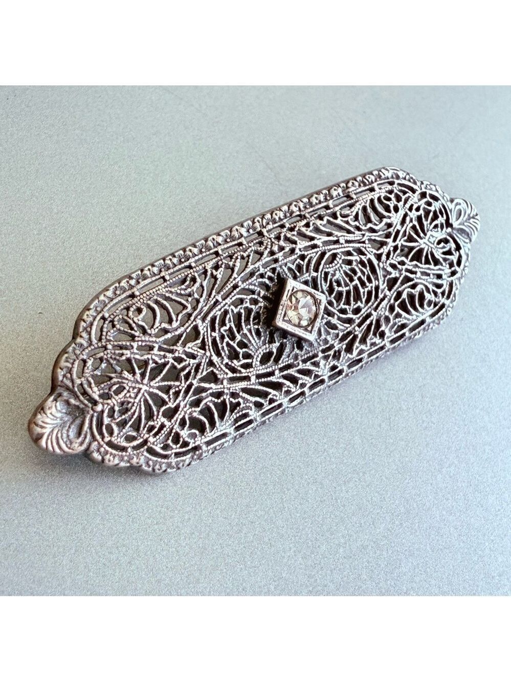 Vintage Art Deco Sterling Silver Rhinestone Filigree Pin Brooch - Picture 2 of 6